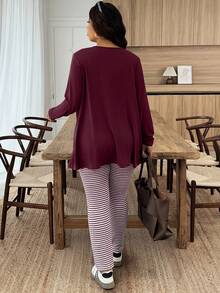 EMERY ROSE Plus Size Solid Color Long Sleeve Jacket And Striped Print Tank Top With Tie Front Pants 2 Pieces Set - Burgundy - View 2