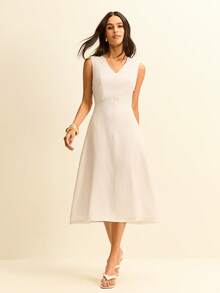 Daynim Vestido evasé de cuello en V sólido - Blanco - Ver 1