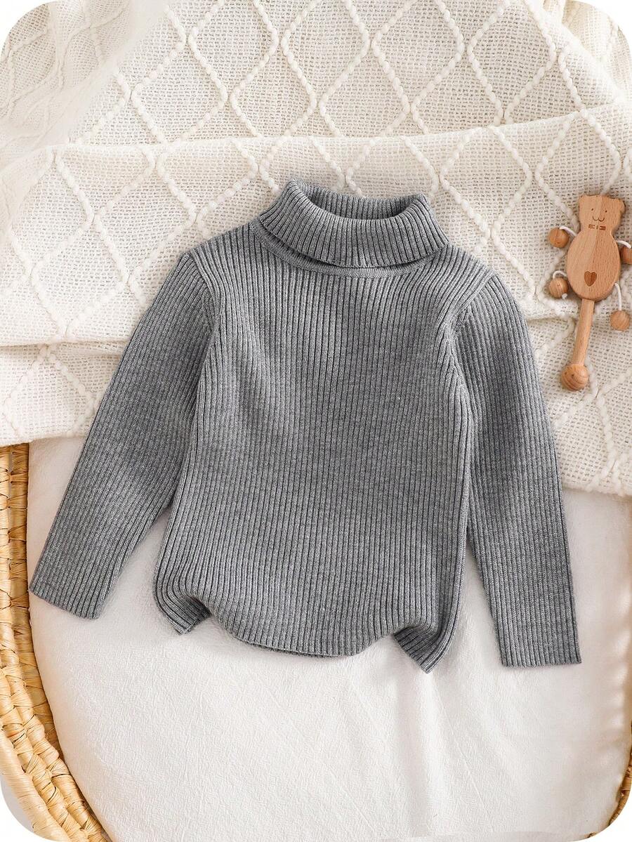 SHEIN Unisex Baby Cute Casual White Knitted Long Sleeve High Neck Sweater, Suitable For Autumn/Winter - Light Grey - View 1