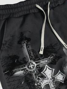 ROMWE MEN Goth Men's Cross Religious Print Drawstring Waist Flared Leg Sweatpants - Dark Grey - View 2
