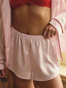 Aralina Sleepwear Women's Satin Contrast Piping Detail Sleep Button Through Shirt And Short Matching Two Pieces Set, Christmas And Valentine's Cute Pajamas - Pink - View 11