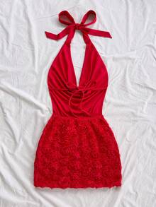 Soleia Women's Holiday Red Rose Textured Halter Mini Dress, Sexy Beach, Date, Holiday, Beach Vacation, Afternoon Tea, Party Dress, Wedding Season, Beach Cruise Vacation, City Vacation, Boho Vacation, Music Festival, Hippie, Western, Valentine's Day Dress, Valentine's Day Outfit, Festival, New Year Red Rose Dress Red Dress Summer Red Vacation Outfit Red Vacation Dress Red Dress Birthday Red Dress Short - Red - View 2