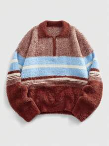 ROMWE MEN Street Life 男士休闲仿毛皮条纹毛衣，秋冬季 - 彩色 - 查看 3