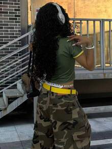 Rovax 女士撞色滚边星形字母印花短款紧身T恤 - 綠色 - 查看 2