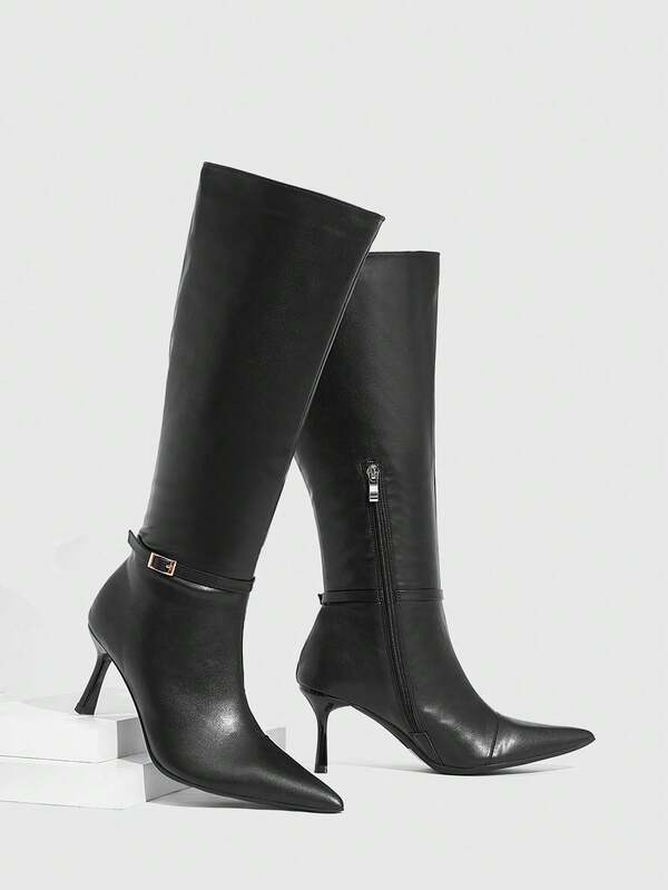 CUCCOO SZL Women's Pointed Toe Buckle Design Side Zipper Fashion High Heel Knee-High Boots