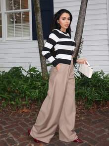 Durrani Popal 超宽腿褶皱西装套装 仅限套装 长裤 可爱约会之夜 外出 秋季 圣诞夜 工作 办公室 返校 干净利落 冬季派对 - 卡其色 - 查看 4