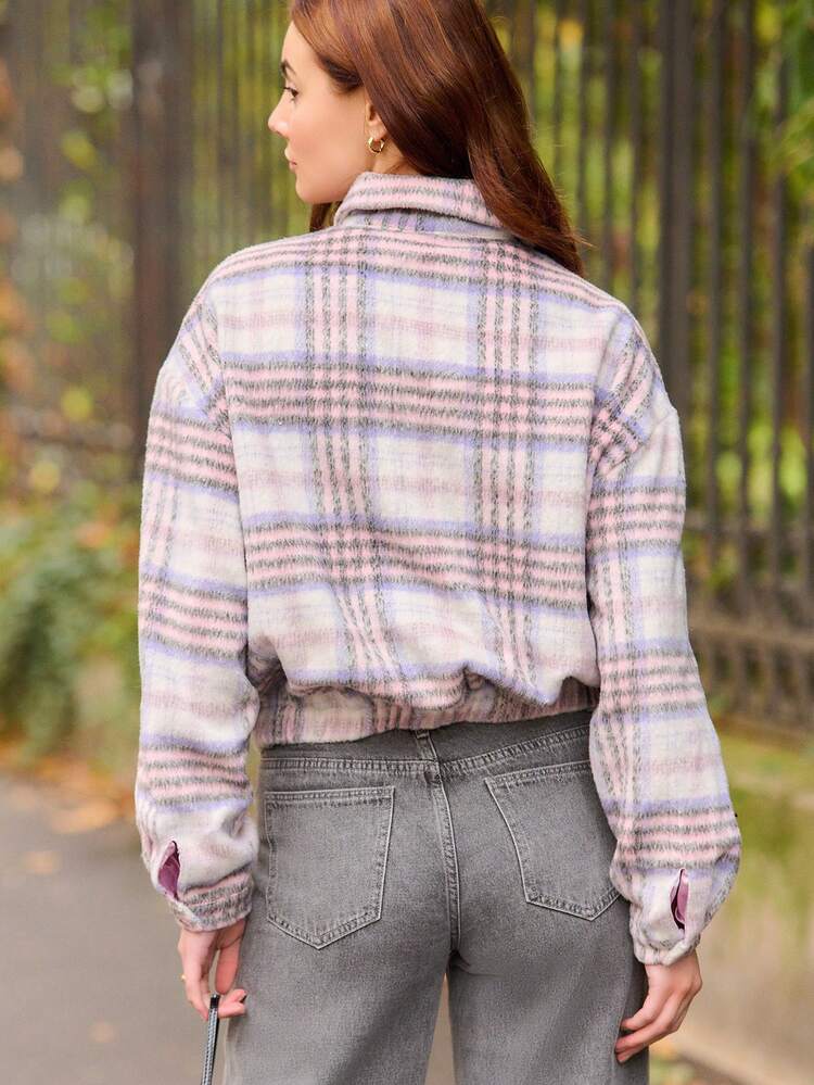 Pink Check Print Zip Front Woolen Bomber Jacket Winter Vintage Style Pink Plaid Jacket Spring Summer Going Out