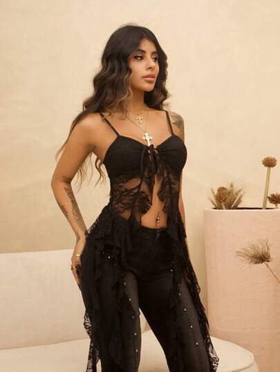 Rayane Ketlyn 女士夏季音乐节复古 Y2K 豹纹蕾丝弹力撞色黑色背心