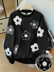 GlowEve Stylish Black Pullover Sweatshirt For Women Featuring Rhinestone And White Flower Patterns Regular Fit And Long Sleeves, Suitable For Daily Wear - Black - View 1