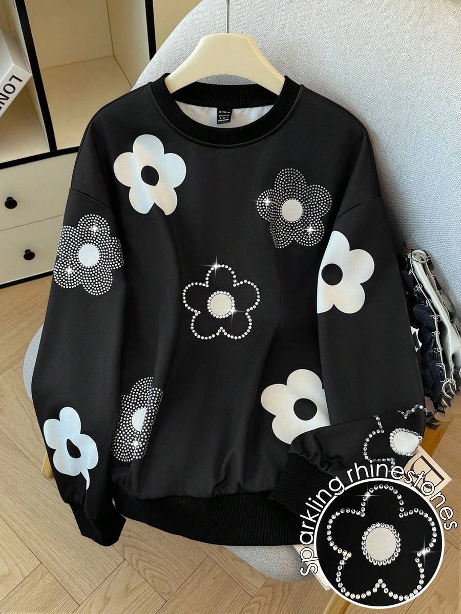 GlowEve Stylish Black Pullover Sweatshirt For Women Featuring Rhinestone And White Flower Patterns Regular Fit And Long Sleeves, Suitable For Daily Wear - Black - View 1
