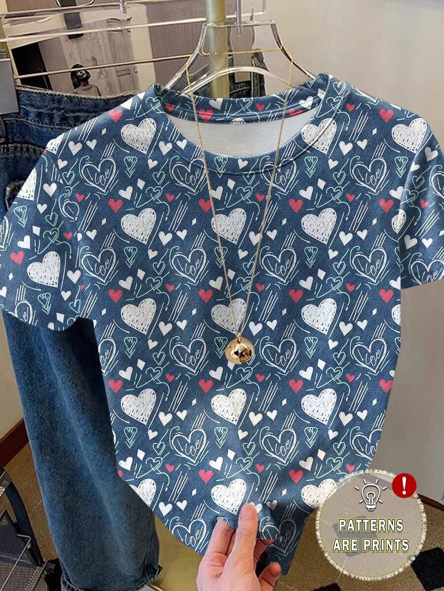 Resyla Full Print Women's Casual T-Shirt, Denim Effect Heart Design, Suitable For Christmas, Valentine's Day, Dates, New Year 2026 - Multicolor - View 1