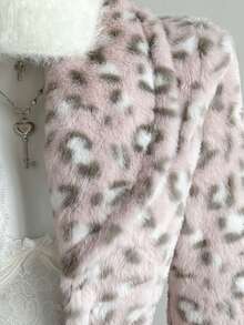 1pc Women's Spring Pink Rabbit Fur Collar Leopard Faux Fur Cinched Waist Long Sleeve Jacket - Pink - View 7