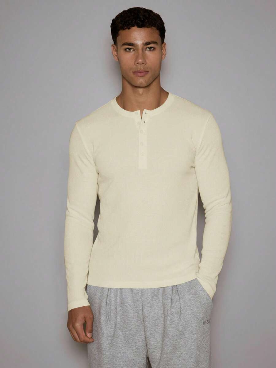 Musero Blusa de manga larga con botones a presión y tejido de waffle para capas, primavera-verano - Beis - Ver 1