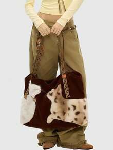 ROMWE Fairycore 1个棕色千禧宝贝复古刺绣猫咪图案独特编织肩带大容量多功能手提包，时尚简约百搭风格女士单肩包，适合通勤、上学、旅行、聚会、购物等场合。 - 棕色 - 查看 4