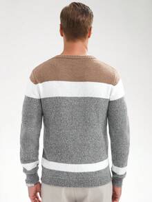 Manfinity Homme Men's Color Blocking Cable Knitted Sweater , Crew Neck Long Sleeve Knit Block Light Grey Going Out Business Casual Husband, Men's Jumper, Grey Sweater, Cable Knit Sweater, Color Block Sweater - Multicolor - View 5
