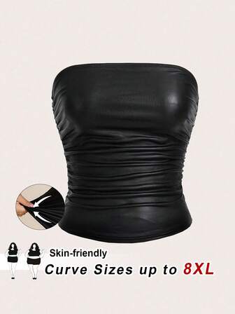 SHEIN CURVE+ Plus Size Women's High Elasticity PU Material Pleated Black Bandeau Top/2026 /New Year