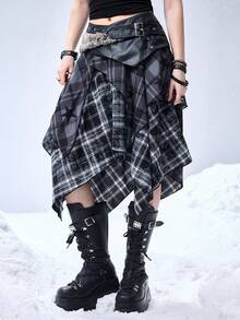 ROMWE EDITION Grunge 星形扎染格子拼接 PU 流苏 A 字迷你裙