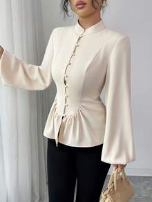 Elenzga Blusa feminina elegante e casual para o dia a dia, férias, chá da tarde, Natal e festas de luxo. Cor sólida, gola mandarim, cintura franzida, abertura frontal parcial, punhos com botões e mangas compridas. Ideal para primavera/outono/inverno. - Damasco - Ver 5