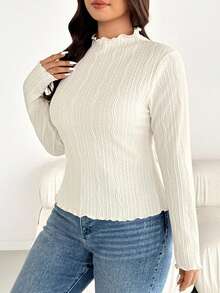 SHEIN Essnce 大码女装秋冬时尚休闲高弹舒适日常纹理面料，杏色高领长袖修身T恤，基础款上衣，秋季穿搭，外出上衣