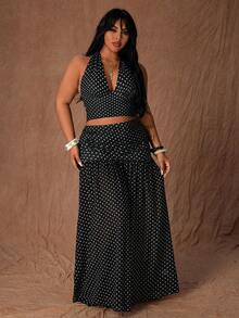 Rustia Plus Size Women's Unique Polka Dot Halter Neck Camisole And Tie Waist Mini Skirt Set, French Retro Vibe, Suitable For Summer Beach Vacation - Black and White - View 3