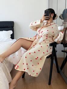 Dream Adore Plus Size Women Red Plaid Patchwork Lapel Heart Print Long Robe Heart Print Robe Pajamas Gown For Woman Suitable For Valentine's Day - Apricot - View 4