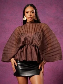 Vixey Sheer Mock Neck Long Sleeve Peplum Hem Pleated Textured Organza Top - Brown - View 2