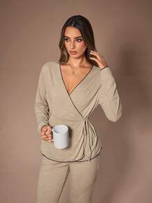 Lazeform Women's V-Neck Criss-Cross Tie Long Sleeve Flared Leg Pajama Set, Autumn/Winter V Neck Lounge Wear 2 Piece Lounge Sets Woman Lounge Wear Women Set Lounge Wear Set V Neck Lounge Set - Khaki - View 1