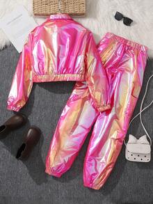 SHEIN Sparklyn 少女时尚双面蕾丝机车夹克和慢跑裤套装 - 玫紅色 - 查看 2