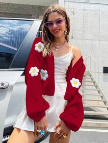 Chiquease Áo len cardigan dệt kim 3D thêu hoa Dopamine ngắn nhiều màu sắc thời trang thường ngày, phù hợp cho mùa xuân, mùa thu và mùa đông - Màu Đỏ Sâu - Xem 1