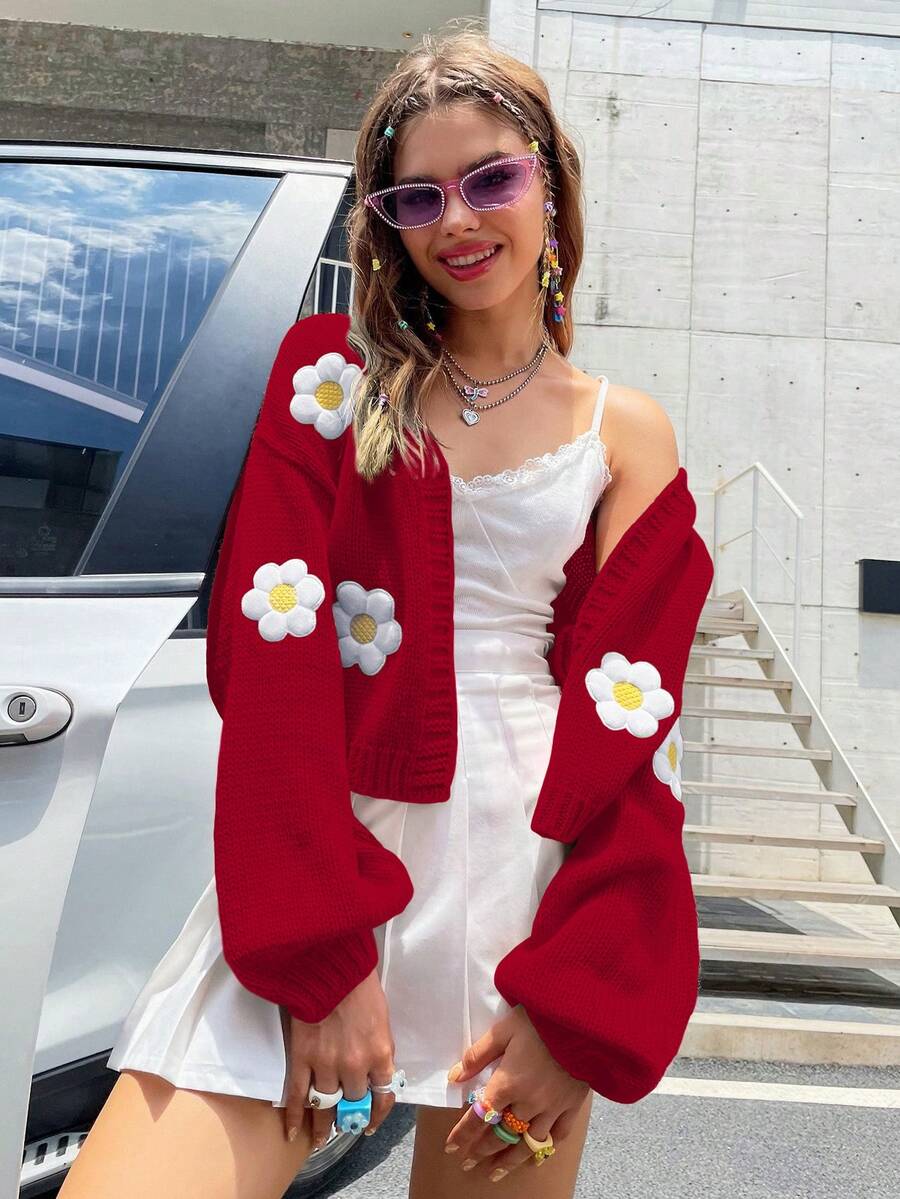 Chiquease Áo len cardigan dệt kim 3D thêu hoa Dopamine ngắn nhiều màu sắc thời trang thường ngày, phù hợp cho mùa xuân, mùa thu và mùa đông - Màu Đỏ Sâu - Xem 1