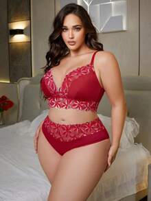Seduluxe Bộ 2 áo ngực và quần lót không dây ren chắp vá cỡ lớn - Đỏ - Xem 5