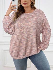 SHEIN CURVE+ 大码女式彩色华夫格针织套头卫衣，秋冬季 - 粉色 - 查看 3