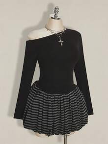 SHEIN ICON Plus Size Women's Autumn/Winter Fashion Sexy Avant-Garde Bold Punk Style Black Backless Ripped Slim Fit T-Shirt And Black And Gray Striped Tulip Skirt Casual Set - Black - View 4