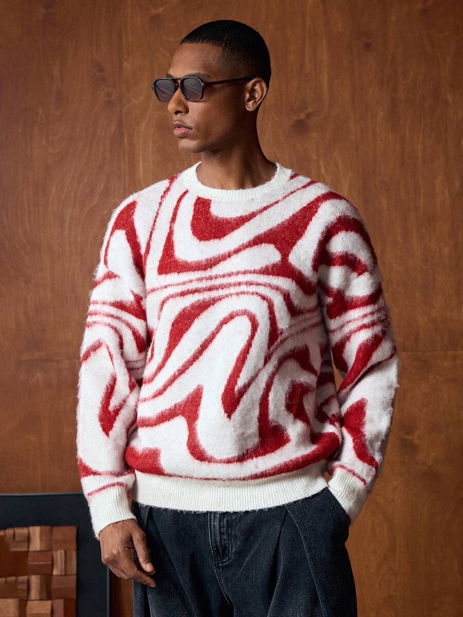 AKNOTIC Business Casual 男士休闲日常撞色圆领蓬松针织衫，秋冬季 - 紅色 - 查看 1