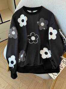 GlowEve Stylish Black Pullover Sweatshirt For Women Featuring Rhinestone And White Flower Patterns Regular Fit And Long Sleeves, Suitable For Daily Wear - Black - View 3
