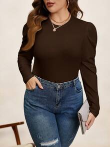 Chikora 大码女式纯色圆领泡泡袖休闲T恤 - 棕色 - 查看 1