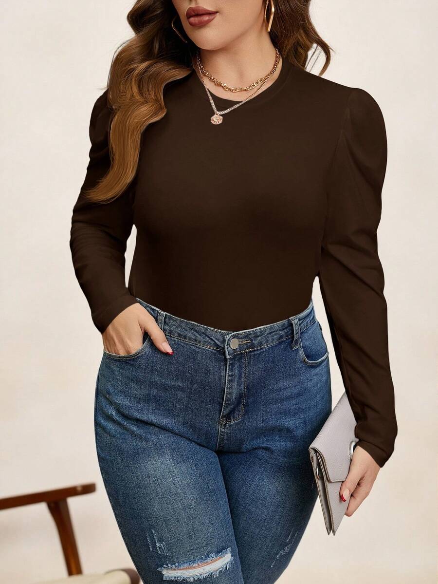 Chikora 大码女式纯色圆领泡泡袖休闲T恤 - 棕色 - 查看 1