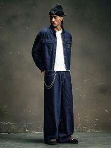 AXEPEAK 1 Conjunto de Top de manga larga con botones delanteros y Pantalones de mezclilla con bolsillo bordado - Azul - Ver 3