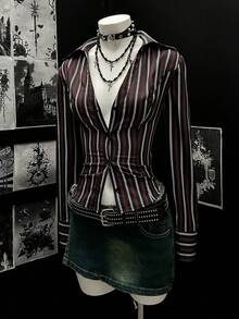 EgrlEra 女士条纹印花朋克风性感长袖衬衫 - 彩色 - 查看 3