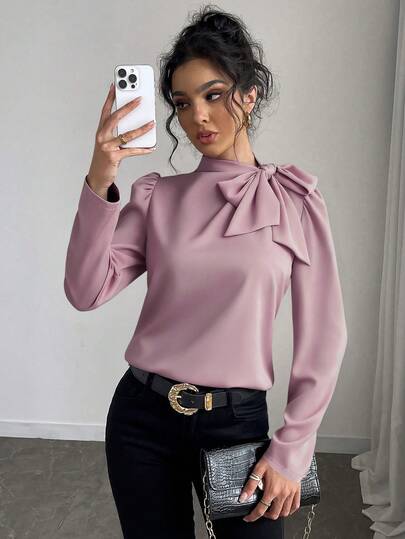 Rafferiza Women's Solid Color Elegant Tie Collar Puff Sleeve Blouse