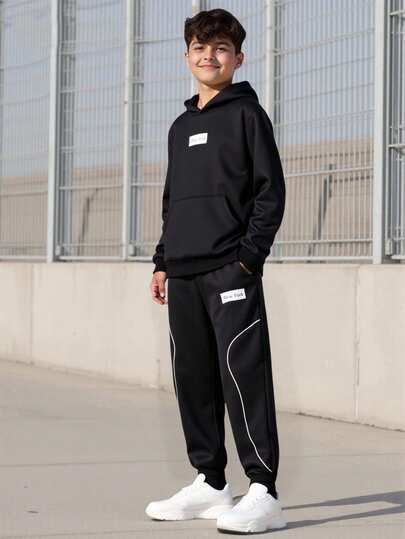 Vacaura 2 st/set tonårs casual lös passform huvtröja och raka mjukisbyxor, set med hoodie och raka ben, lämplig för vardagsbruk, höst/vinter