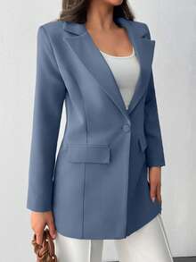 EURMUSE LAPEL COLLAR BODY POCKET FABRIC BUTTON BLAZER - Blue - View 5