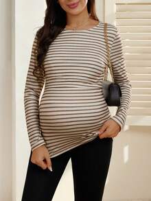 SHEIN Áo thun bà bầu cổ tròn dài tay kẻ sọc thường ngày cho con bú, mùa thu - Nhiều màu - Xem 4