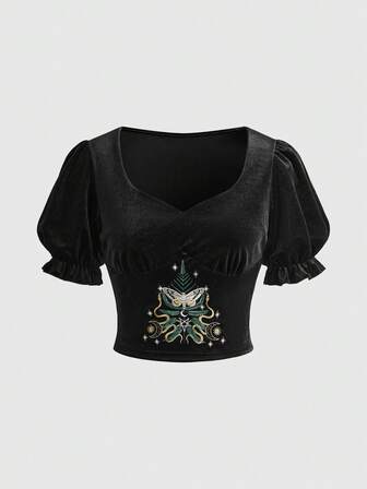 Damen Gothic Samt Puffärmel Bluse mit Schmetterling Stickerei