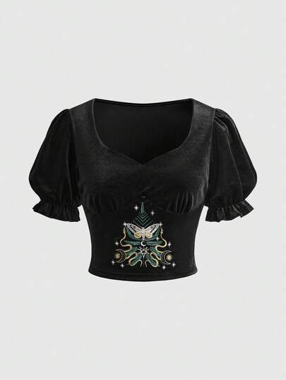 Goth Blusa de mujer con mangas abullonadas de terciopelo gótico y bordado de mariposa