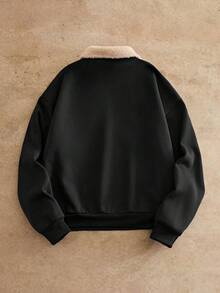 HIMLAND 男士休闲百搭撞色领运动衫，秋冬 - 黑色 - 查看 3