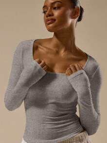 MUSERA ESSENTIALS Fitted Scoop Neck Long Sleeve Cotton Blended Top Classy Basic Sexy Spring Summer Holiday - Grey - View 2