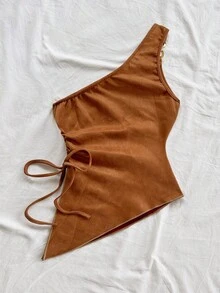 Soleia 女士夏季度假米色针织提花单肩修身下摆开衩抽绳褶皱吊带背心，适合派对、约会、情人节、复活节、狂欢节、下午茶、海滩、邮轮、城市度假等场合。 - 棕色 - 查看 2