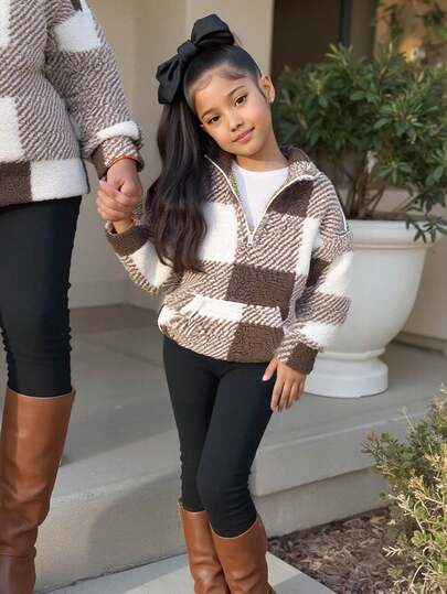 2pcs/Set Tween Girls Thickened Plaid Loose Sweatshirt + Black Leggings, Casual Daily Fashion Versatile