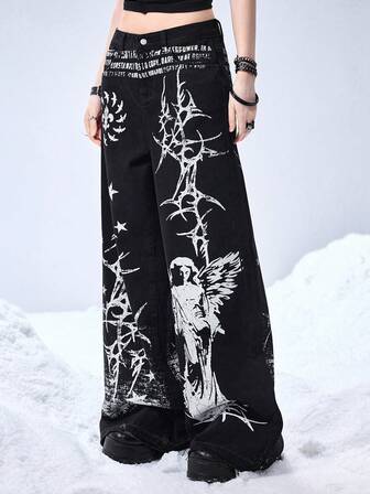 Grunge Punk Jeans de pierna ancha para mujer con diseño de cruz, estrella, espina y pared de ladrillo, estilo punk oscuro